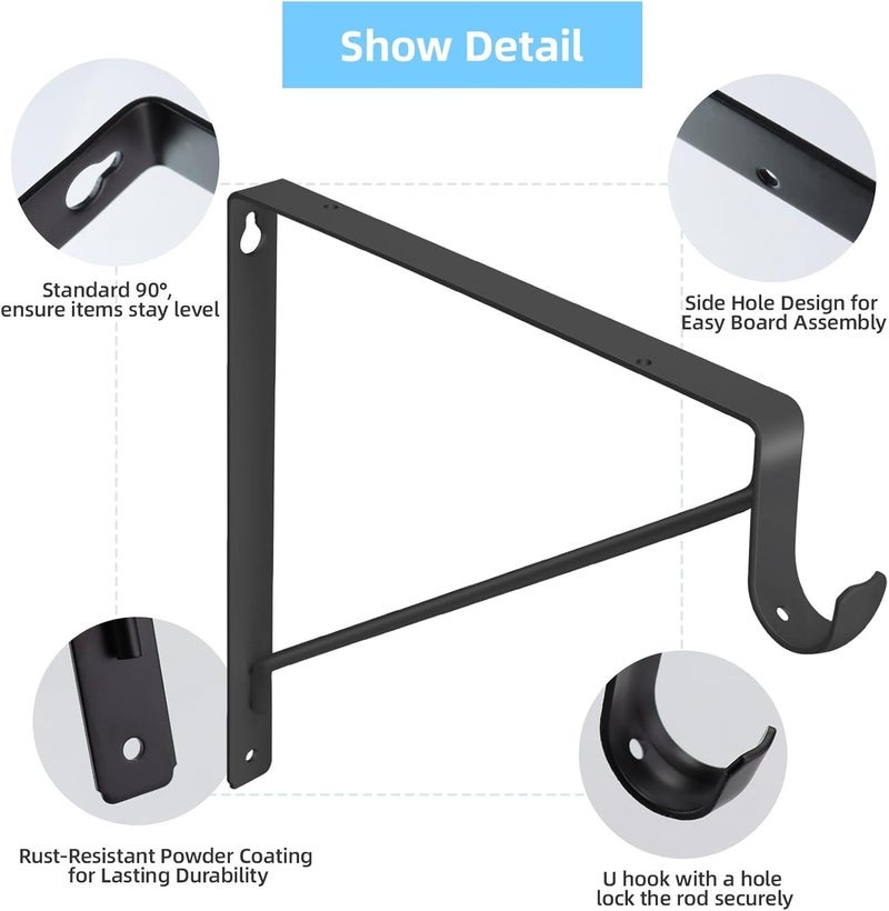 WEKIS 4-Pack Closet Rod Bracket, 10.8x10.8Inch Closet Shelf Brackets Heavy Duty Wall Mounted, Matte Black Steel Closet Rod Support Brackets Holder, 300 Lbs Load Capacity with Anchors Screws - Image 5